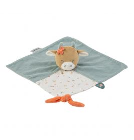 Kuscheltier-Kuh als Baby-Schmusetuch mit blauer, geblümter Decke und orangefarbenem Knoten an einer Ecke.