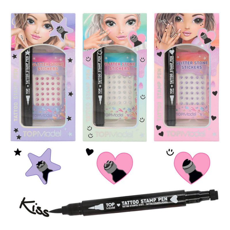 TOPModel Tattoostift mit Herz-, Stern- und Kuss-Stempeln sowie 3 Glitzerstein-Sets von Depesche.