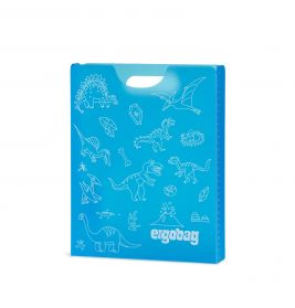 Blauer Ordner mit weißen Dinosauriermotiven und ergobag-Logo unten rechts.