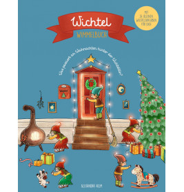 Cover eines deutschen Weihnachtsbuchs: Elfen schmücken Baum und Haus, im Inneren ist ein Kamin zu sehen.