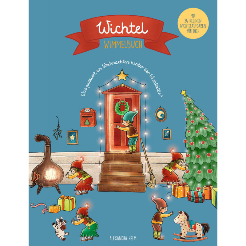 Cover eines deutschen Weihnachtsbuchs: Elfen schmücken Baum und Haus, im Inneren ist ein Kamin zu sehen. Cover eines deutschen Weihnachtsbuchs: Elfen schmücken Baum und Haus, im Inneren ist ein Kamin zu sehen.