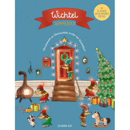 Cover eines deutschen Weihnachtsbuchs: Elfen schmücken Baum und Haus, im Inneren ist ein Kamin zu sehen.