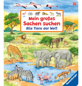 Buchcover mit gezeichneten Wildtieren wie Elefanten, Löwen, Giraffen und Flamingos an einem Wasserloch.