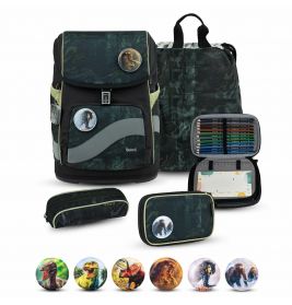 Dinosaurier-Rucksackset mit Federmäppchen, Schreibwaren und sechs runden Dino-Ansteckern.