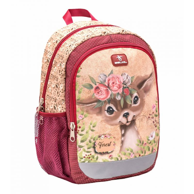 Kinder-Rucksack mit niedlichem Hirsch, Blumenkranz, roten Akzenten und Netz-Seitentasche. Kinder-Rucksack mit niedlichem Hirsch, Blumenkranz, roten Akzenten und Netz-Seitentasche.