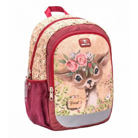 Kinder-Rucksack mit niedlichem Hirsch, Blumenkranz, roten Akzenten und Netz-Seitentasche.