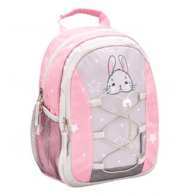 Rosa-grauer Kinder-Rucksack mit Hasengesicht, Sternmuster, Mesh-Seitentasche und Tragegriff.