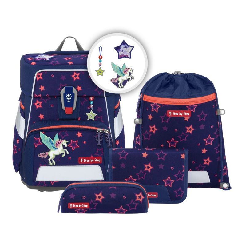Dunkelblaues Schulranzen-Set mit pinken Sternen, Einhorn-Motiv und passenden Accessoires wie Taschen und Anhängern. Dunkelblaues Schulranzen-Set mit pinken Sternen, Einhorn-Motiv und passenden Accessoires wie Taschen und Anhängern.