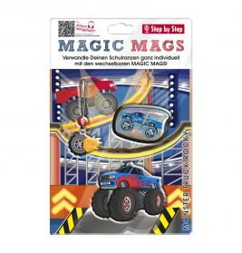Magic Mags Set: Monstertruck, Schlüsselanhänger und Abzeichen auf blau-gelber Verpackung.