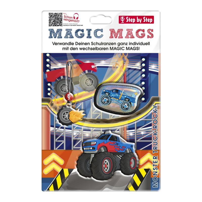 Magic Mags Set: Monstertruck, Schlüsselanhänger und Abzeichen auf blau-gelber Verpackung.