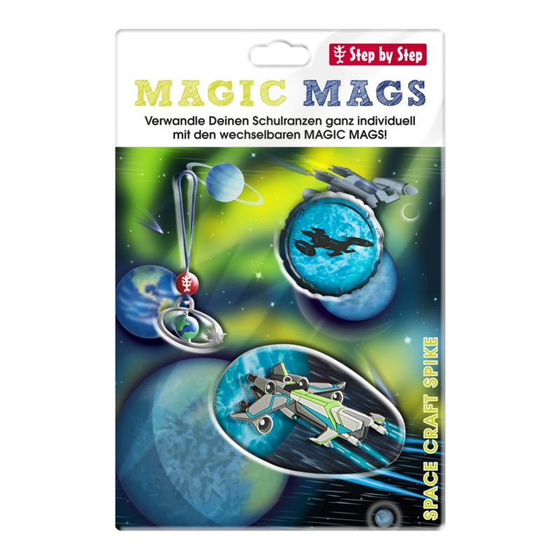 Buntes Magic Mags Set mit Raumschiff- und Astronautenmotiven in einer lebendigen Weltraumszene schwebend.