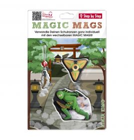 Magic Mags Set mit Ninja, Shuriken und Anhänger vor japanischem Garten, beschriftet mit Ninja Kimo.