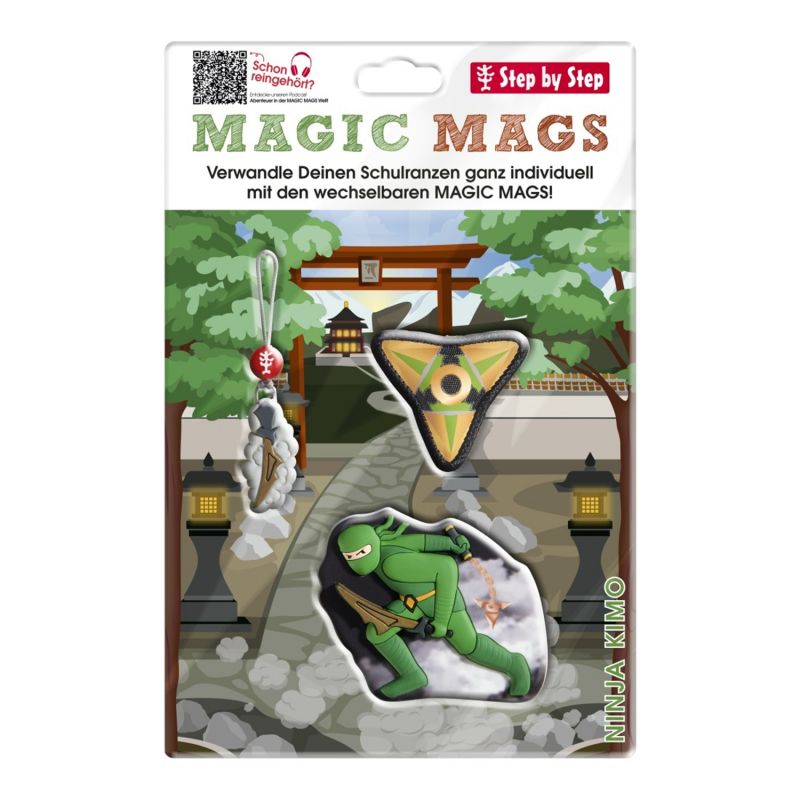 Magic Mags Set mit Ninja, Shuriken und Anhänger vor japanischem Garten, beschriftet mit Ninja Kimo.