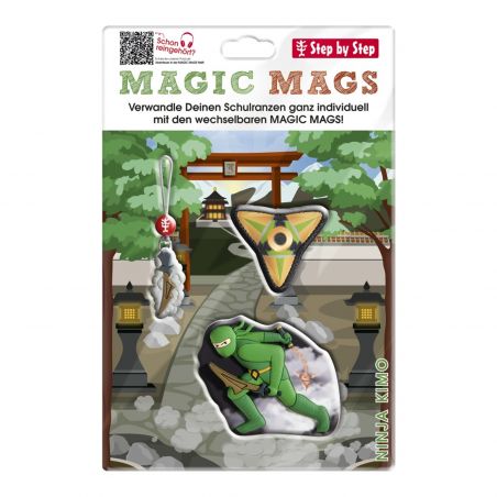 Magic Mags Set mit Ninja, Shuriken und Anhänger vor japanischem Garten, beschriftet mit Ninja Kimo.