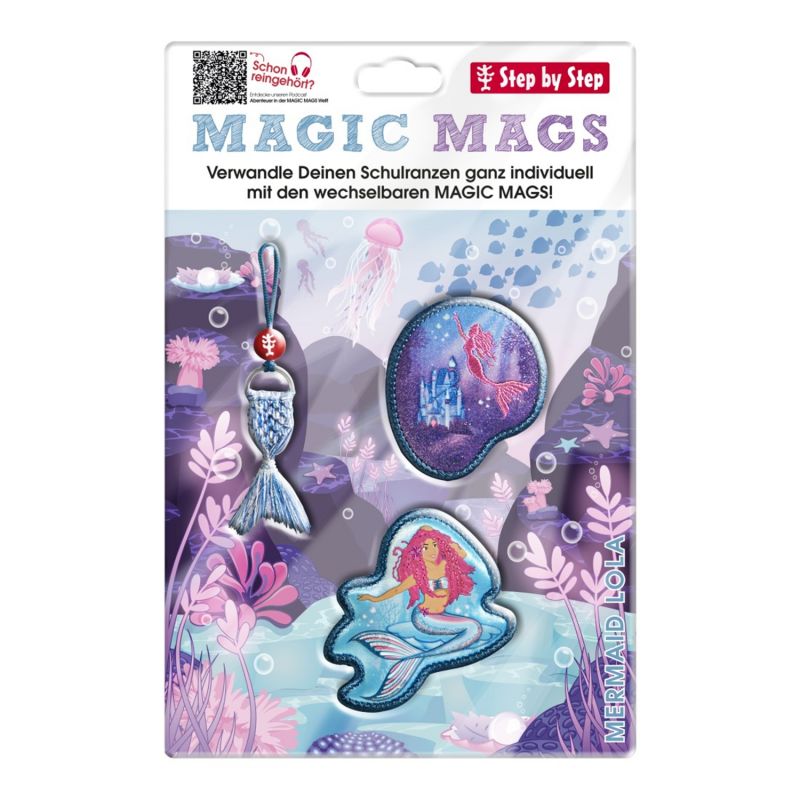 Drei Meerjungfrau-Magnete auf buntem Unterwasser-Hintergrund, beschriftet mit Magic Mags Mermaid Lola.