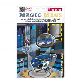 Magic Mags Set mit Polizei-Schlüsselanhänger, Abzeichen und Hubschrauber-Magnet vor Stadtkulisse.