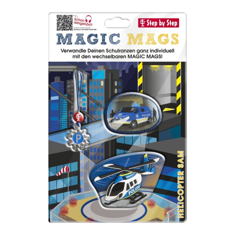 Magic Mags Set mit Polizei-Schlüsselanhänger, Abzeichen und Hubschrauber-Magnet vor Stadtkulisse. Magic Mags Set mit Polizei-Schlüsselanhänger, Abzeichen und Hubschrauber-Magnet vor Stadtkulisse.