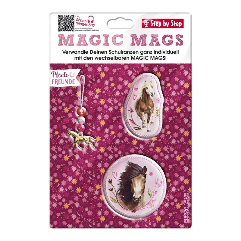 Pink Magic Mags Set mit Pferde-Magneten und Anhänger auf floralem Hintergrund.
