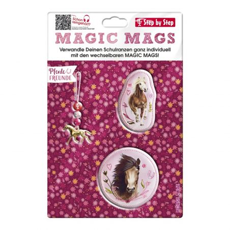 Pink Magic Mags Set mit Pferde-Magneten und Anhänger auf floralem Hintergrund.
