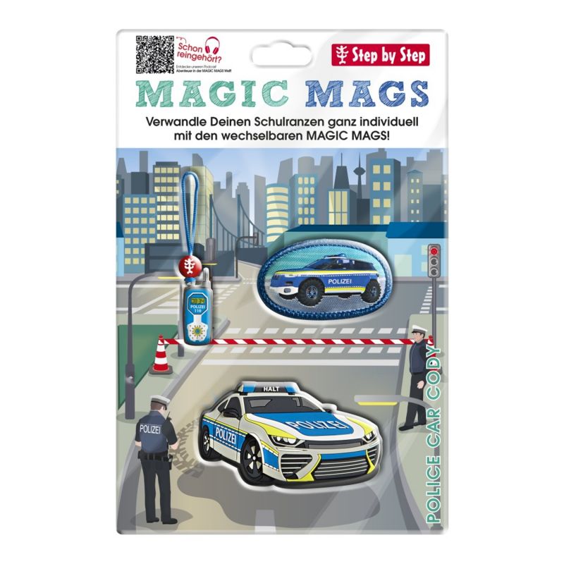 Magic Mags Polizei-Schulset mit Auto, Abzeichen und Zipper vor Stadtmotiv, Marke Step by Step.