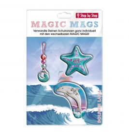 Drei ozeanische Taschenanhänger: Delfin, Seestern und runder Schlüsselanhänger mit Delfin-Charme.