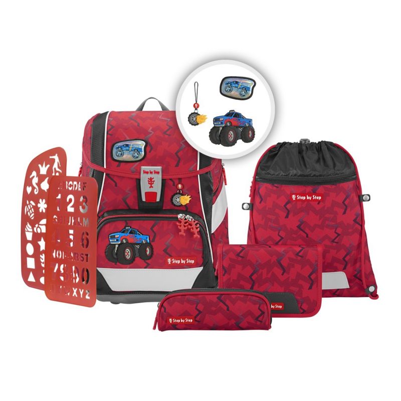 Roter Rucksack mit Monstertruck-Motiv, passendem Zubehör, Schablone, Federmäppchen und Sportbeutel. Roter Rucksack mit Monstertruck-Motiv, passendem Zubehör, Schablone, Federmäppchen und Sportbeutel.