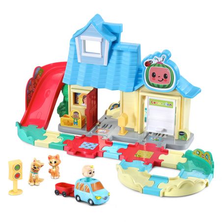 Buntes Spielset mit blauem Haus, Rutsche, Auto, Tieren, Ampel und Puzzlesteckstraße.