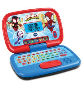 Rotes und blaues Spidey-Kinderlaptop mit Cartoon-Spinnenfiguren und Alphabet-Tastatur.