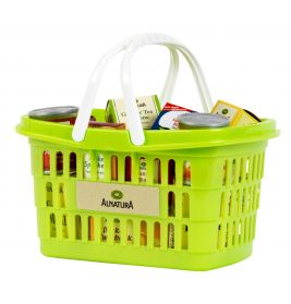 Grüner Einkaufskorb aus Plastik mit weißen Griffen, gefüllt mit verschiedenen Lebensmitteln und Konservendosen.