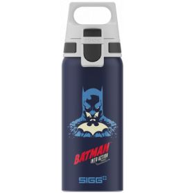 Dunkelblaue Trinkflasche mit Batman-Motiv und dem Aufdruck BATMAN JUSTICE LEAGUE auf der Vorderseite.