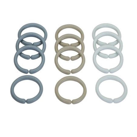 Zwölf Kunststoffringe in Grau, Beige und Weiß liegen farblich sortiert in drei Reihen auf weißem Hintergrund.