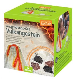 Grüne Box Vulkangestein-Ausgrabungsset mit abgebildeten Kindern, die Vulkangestein und Proben freilegen.