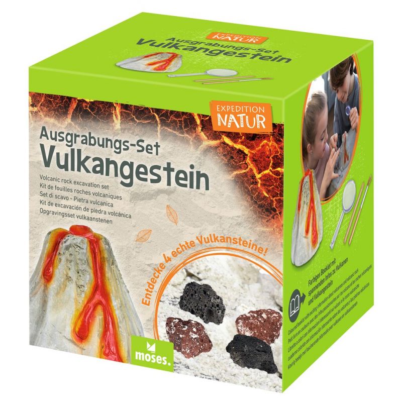 Grüne Box Vulkangestein-Ausgrabungsset mit abgebildeten Kindern, die Vulkangestein und Proben freilegen.
