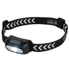 Schwarze Stirnlampe mit weißen Pfeilen auf dem Band, eingeschaltet, leuchtet, mit Aufschrift Expedition Natur.