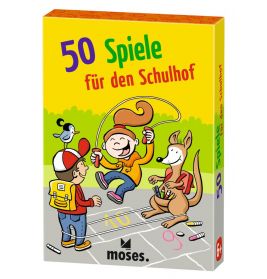 Boxcover von 50 Spiele für den Schulhof mit Comic-Kindern, einem Vogel und Känguru beim Himmelshüpfen.