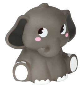 Ein grauer Cartoon-Elefant mit großen Augen, rosa Wangen und weißen Füßen sitzt aufrecht.