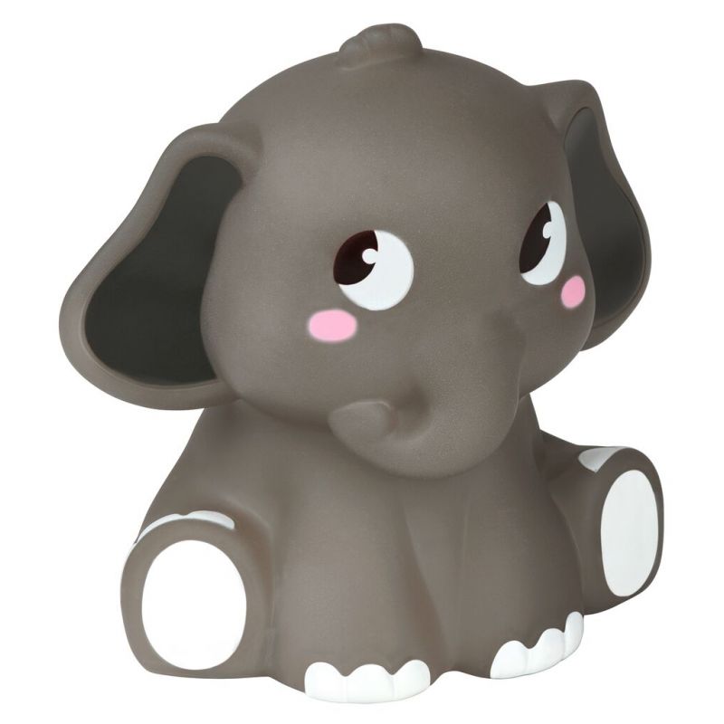 Ein grauer Cartoon-Elefant mit großen Augen, rosa Wangen und weißen Füßen sitzt aufrecht.