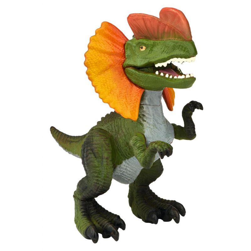 Spielzeug-Dinosaurier mit grünem Körper, oranger Halskrause, rotem Kamm und offenem Maul mit sichtbaren Zähnen.