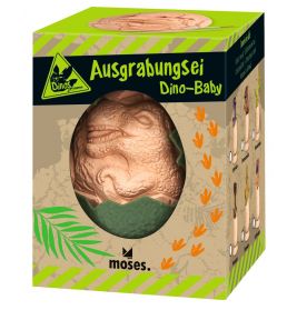 Ein Dino-Baby Ausgrabungsei-Spielzeug in grün-brauner Box mit deutschen Texten und Dinosaurier-Illustrationen.