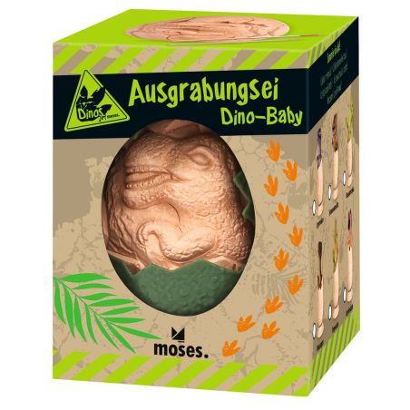 Ein Dino-Baby Ausgrabungsei-Spielzeug in grün-brauner Box mit deutschen Texten und Dinosaurier-Illustrationen.
