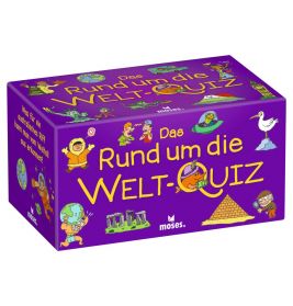 Lila Quizspielbox mit Welt-Symbolen und dem deutschen Titel "Das Rund um die Welt-Quiz" auf dem Deckel.
