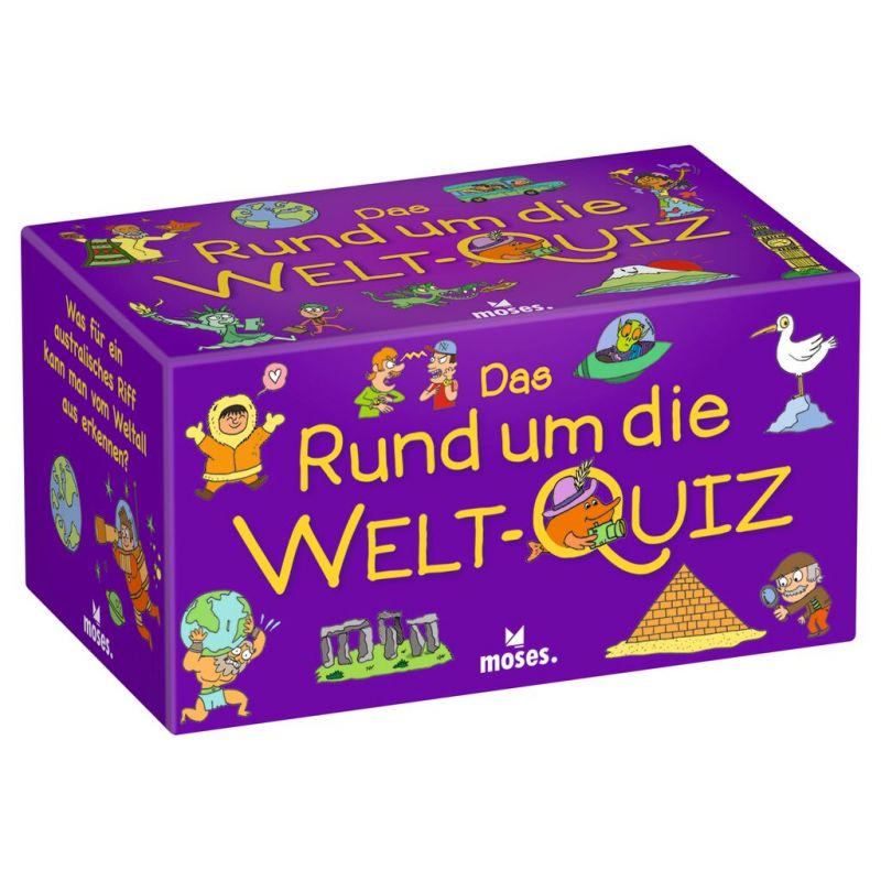 Lila Quizspielbox mit Welt-Symbolen und dem deutschen Titel "Das Rund um die Welt-Quiz" auf dem Deckel.