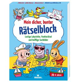 Cover von "moses. Mein dicker, bunter Rätselblock" mit Comic-Tieren und Rätseln, geeignet für Kinder ab 4 Jahren.