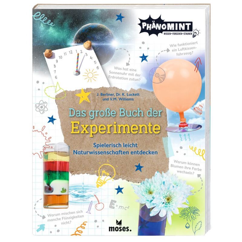 Cover von Das große Buch der Experimente mit wissenschaftlichen Motiven und bunten Kinderexperimenten.