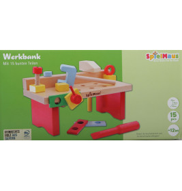 Holz-Werkbank-Set mit buntem Werkzeug, für Kinder ab 12 Monaten geeignet, enthält insgesamt 15 Teile.