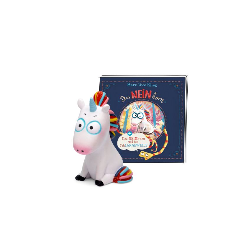 Eine bunte Einhornfigur steht vor einem blauen Kinderbuch mit dem Titel Das NEINhorn. Eine bunte Einhornfigur steht vor einem blauen Kinderbuch mit dem Titel Das NEINhorn.