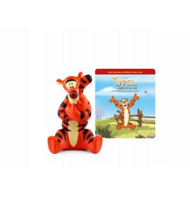 Tigger-Figur steht neben einer quadratischen Karte mit Tigger-Motiv vor blauem Himmel.
