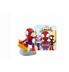Eine Spidey-Spielfigur steht neben einem bunten Spidey und seiner Freunde-Sammelkarte.