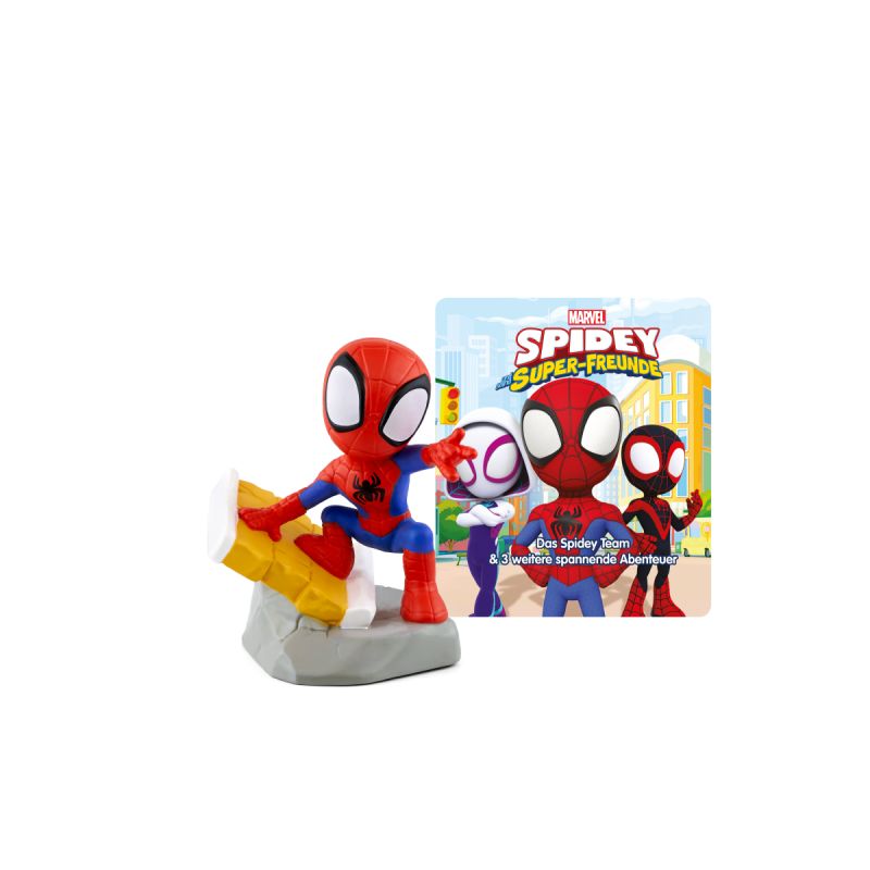 Eine Spidey-Spielfigur steht neben einem bunten Spidey und seiner Freunde-Sammelkarte. Eine Spidey-Spielfigur steht neben einem bunten Spidey und seiner Freunde-Sammelkarte.