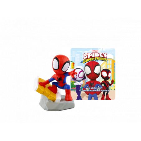 Eine Spidey-Spielfigur steht neben einem bunten Spidey und seiner Freunde-Sammelkarte.